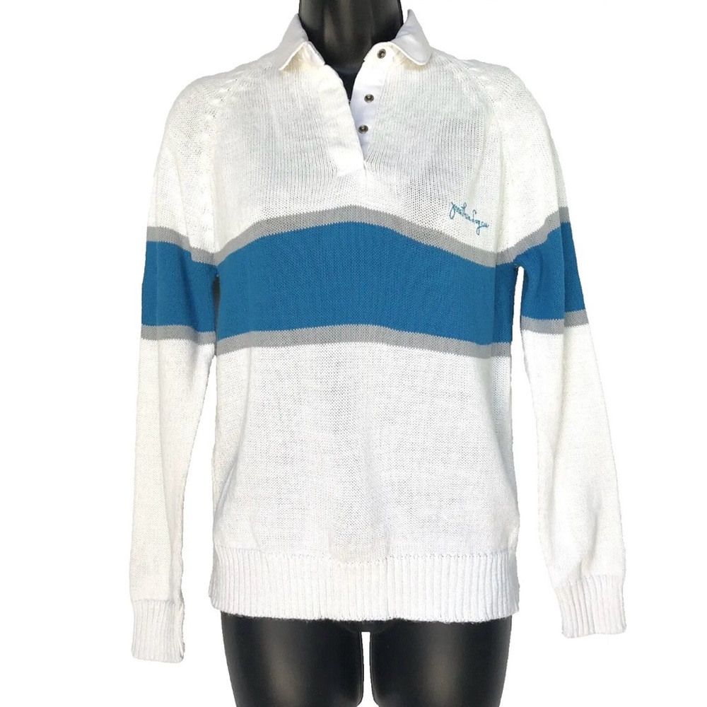 Vintage‎ Jonathan Logan Striped Collared Sweater Womens M Blue White Retro